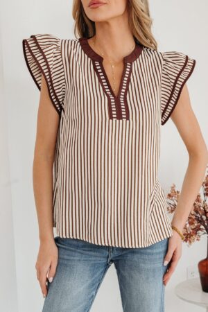 Khaki Stripe Double Ruffled Short Sleeve V Neck Blouse - Image 21