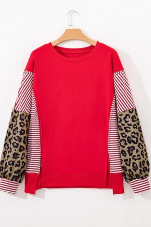 Racing Red Striped Patchwork Sleeve Colorblock Sweatshirt - Image 7