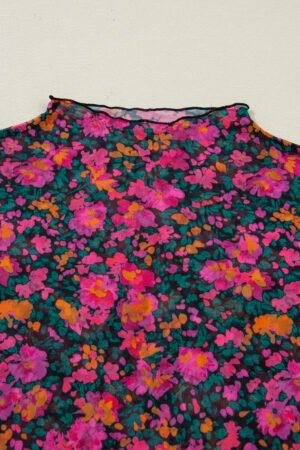 Rose Plus Size Vintage Floral Print Mesh Long Sleeve Top - Image 5