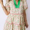 Green Contrast Neckline Ricrac Trim Floral Short Puff Sleeve Dress