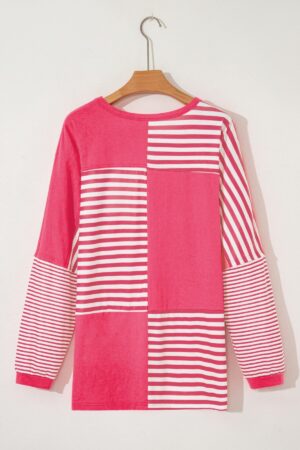 Pink Stripe Color Block Patchwork Drop Shoulder Long Sleeve Tunic Top - Image 5