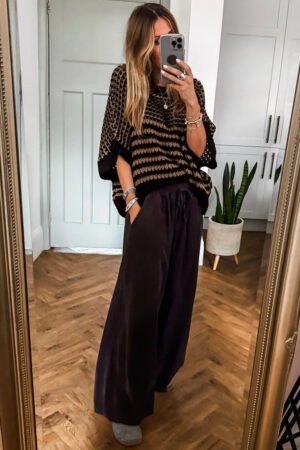Black Stripe 3/4 Draped Sleeve Slouchy Sweater - Image 3