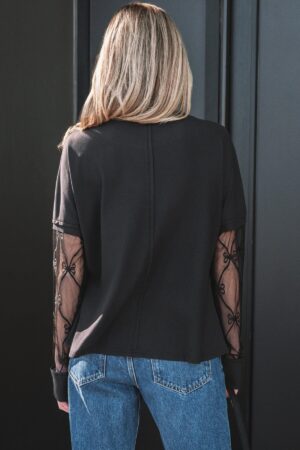 Black Solid Color Bow Textured Patchwork Long Sleeve Tee - Image 3