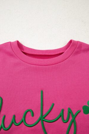 Rose Red Lucky Clover Embroidered Loose Pullover Sweatshirt - Image 5