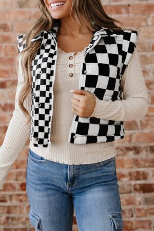 Black Double Checked Stand Collar Cropped Puffer Vest - Image 17