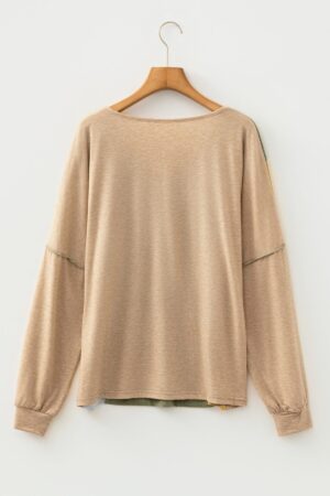 Jungle Green Exposed Stitching Colorblock V Neck Long Sleeve Top - Image 10