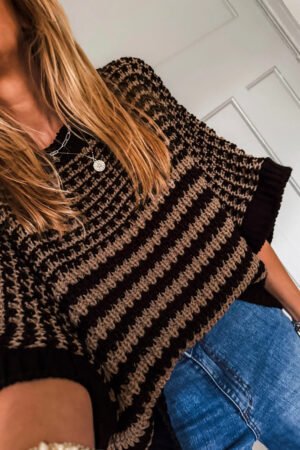 Black Stripe 3/4 Draped Sleeve Slouchy Sweater - Image 4