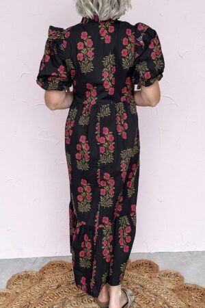 Alternative view of Black Floral Short Bubble Sleeve Tiered Maxi Dress
