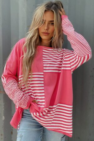 Pink Stripe Color Block Patchwork Drop Shoulder Long Sleeve Tunic Top - Image 3