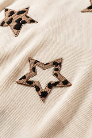 Beige Contrast Leopard Star Patchwork Detail Raw Seam Baggy Sweatshirt - Image 12