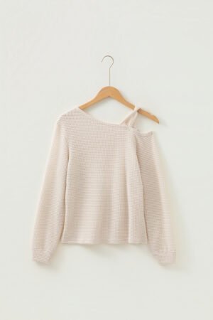 Jet Stream Solid Color Textured Knit Asymmetric Shoulder Long Sleeve Top - Image 4