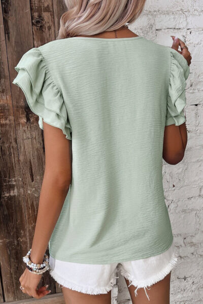 Alternative view of Clearly Aqua Solid Color Ruffled Short Sleeve Casual Blouse