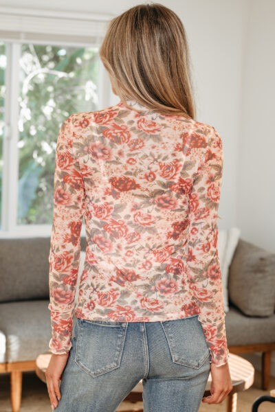 Alternative view of White Retro Floral Print Mock Neck Mesh Long Sleeve Top