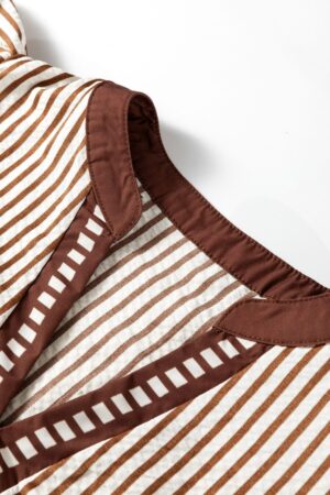 Khaki Stripe Double Ruffled Short Sleeve V Neck Blouse - Image 12
