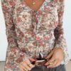 Red Floral Print Stitched Detail Tie V Neck Long Bell Sleeve Blouse