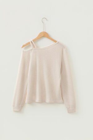 Jet Stream Solid Color Textured Knit Asymmetric Shoulder Long Sleeve Top - Image 5
