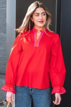Fiery Red Striped Trim Ruffle Split Neck Long Sleeve Blouse - Image 12