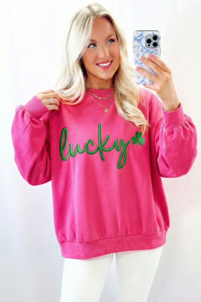 Alternative view of Rose Red Lucky Clover Embroidered Loose Pullover Sweatshirt