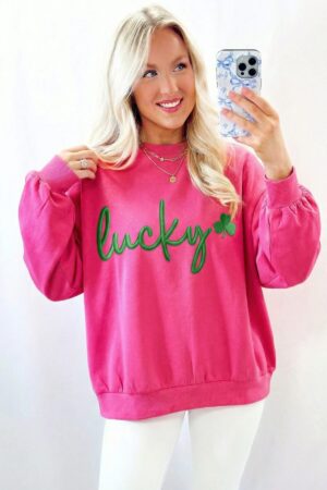 Rose Red Lucky Clover Embroidered Loose Pullover Sweatshirt - Image 2