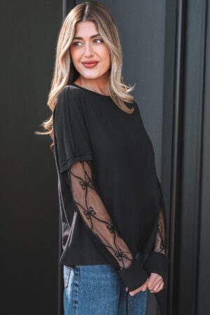 Black Solid Color Bow Textured Patchwork Long Sleeve Tee - Image 2