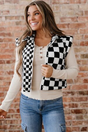 Black Double Checked Stand Collar Cropped Puffer Vest - Image 12