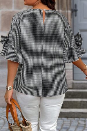 Alternative view of Black Plus Size Plaid Bow Decor Bell Sleeve Round Neck Jumper