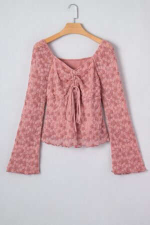 Peach Blossom Drawstring Knot Detail Floral Lace Blouse - Image 5