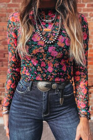 Rose Slim Fit Floral Mesh Long Sleeve Mock Neck Top - Image 4
