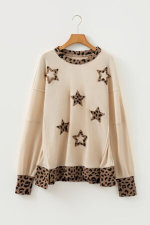 Beige Contrast Leopard Star Patchwork Detail Raw Seam Baggy Sweatshirt - Image 6