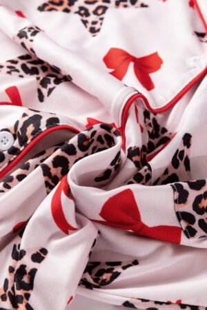 White Leopard Star Ribbon Bow Print Contrast Trim Short Pajama Set - Image 9