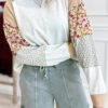 Light Grey Mixed Print Raglan Sleeve Patchwork Exposed Seam Pullover Top
