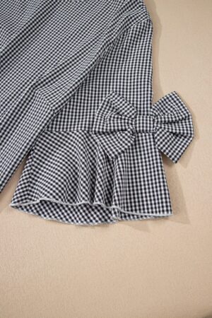 Black Plus Size Plaid Bow Decor Bell Sleeve Round Neck Jumper - Image 6