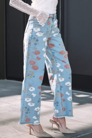 Sky Blue Floral Printed Raw Hem Shift Jeans - Image 20