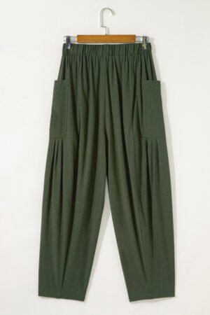 Jungle Green Drawstring Elastic Waist Patch Pocket Barrel Leg Casual Pants - Image 7
