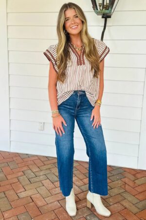 Khaki Stripe Double Ruffled Short Sleeve V Neck Blouse - Image 3