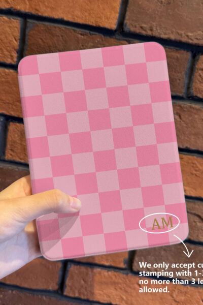 Alternative view of Pink Checkerboard Kindle Case Customizable Hot Stamped Gold Letters