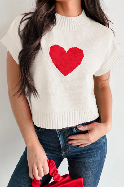 White Valentine Heart Graphic Cropped Short Sleeve Sweater