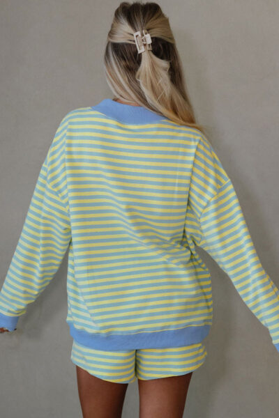 Alternative view of Yellow Stripe Color Block Detail Long Sleeve Pullover Elastic Waist Pull On Shorts 2pcs Set