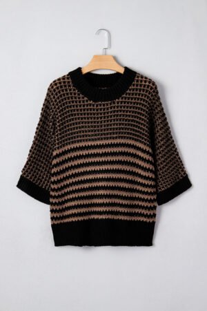 Black Stripe 3/4 Draped Sleeve Slouchy Sweater - Image 5