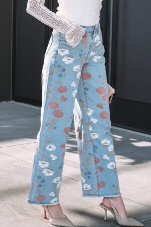 Sky Blue Floral Printed Raw Hem Shift Jeans - Image 21