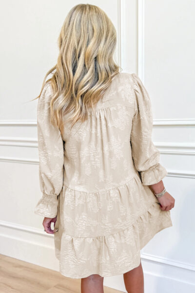 Alternative view of Parchment Long Sleeve Notched Neck Jacquard Tiered Mini Dress