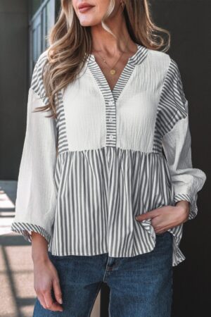 Gray Stripe Half Button Gauze Patchwork Bracelet Sleeve Babydoll Blouse - Image 20