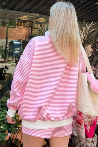 Alternative view of Pink Stripe Oversize Mock Neck Sweatshirt and Shorts Set