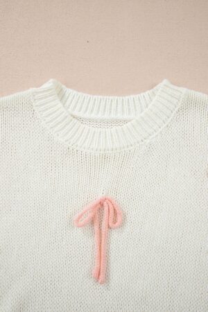 White Short Sleeve Knit Contrast Bow Knot Loose Sweater - Image 9