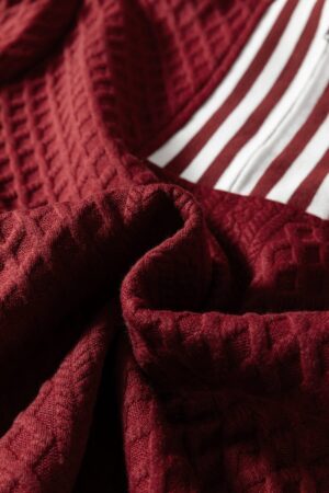 Racing Red Rhombus Textured Striped Patchwork Zip Neck Pullover Sweatshirt - Image 8