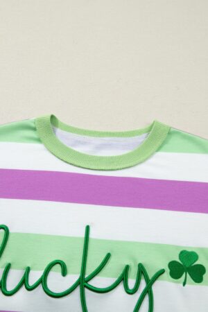 Green Stripe Lucky Clover Embroidered Graphic Dolman Loose Tee - Image 6