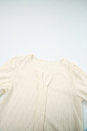 White Solid Color Textured Notched Neck Puff Sleeve Blouse - Image 6