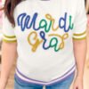 White Mardi Gras Tinsel Letter Graphic Short Sleeve Sweater