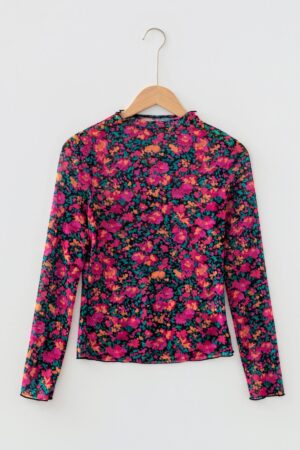 Rose Slim Fit Floral Mesh Long Sleeve Mock Neck Top - Image 6