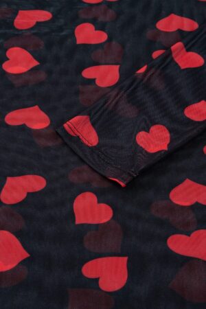 Black Valentines Heart Printed Sheer Mesh Long Sleeve Top - Image 8